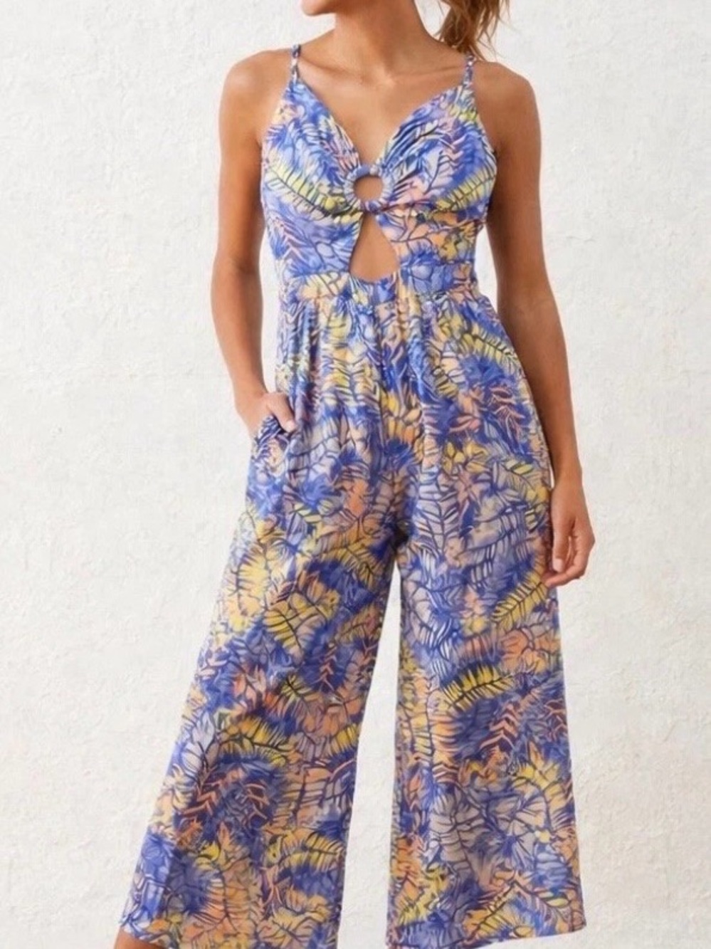 Goa by JapnaTropical Print medium Spaghetti Strap wide leg JumperBlue & Yellow